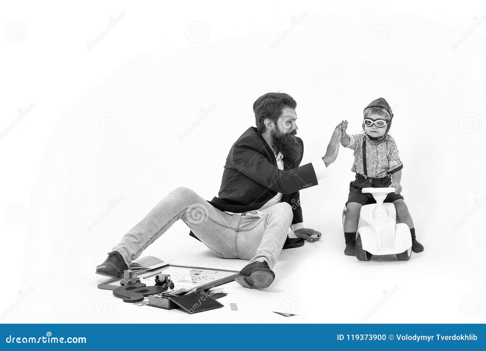 Father And Child Are Playing Together. Small Boy Driver Or Pilot And Bearded Father Stock Photo - Image Of Play, Future: 119373900