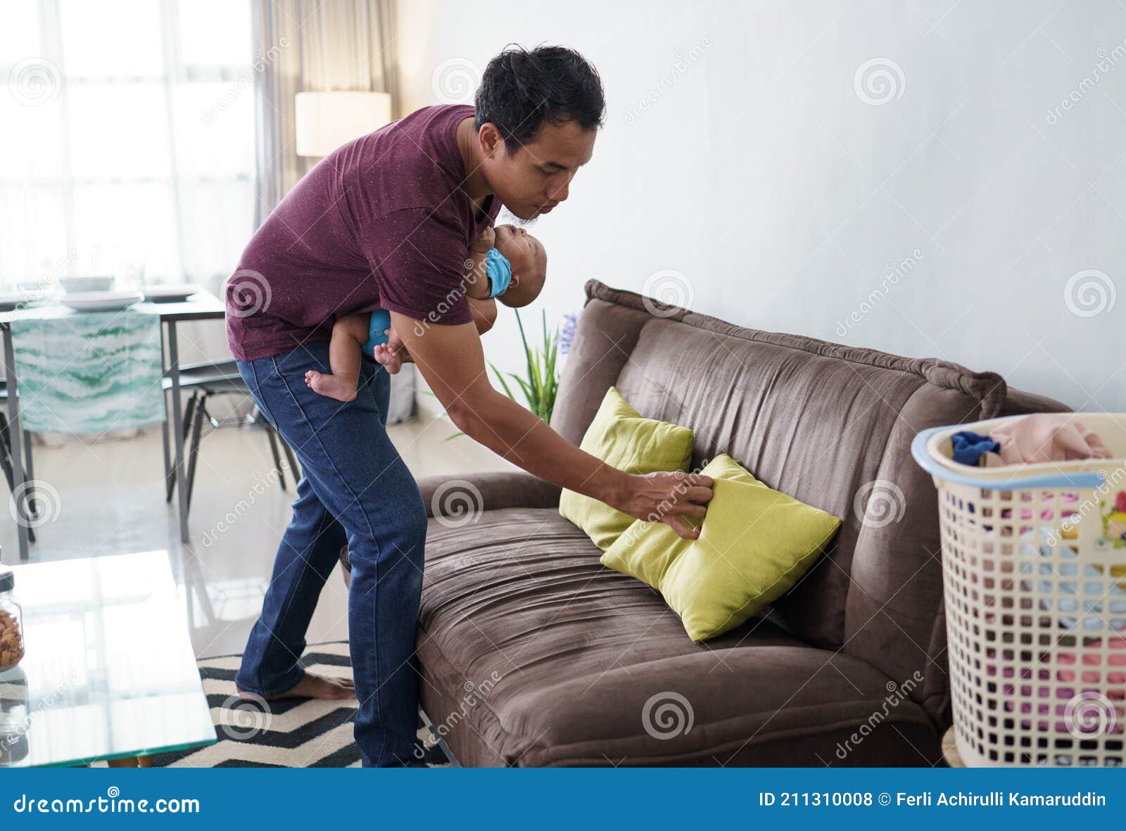 Father Cleaning the Floor Using Broom while Carrying His Infant Baby Stock  Photo - Image of floor, house: 211310008