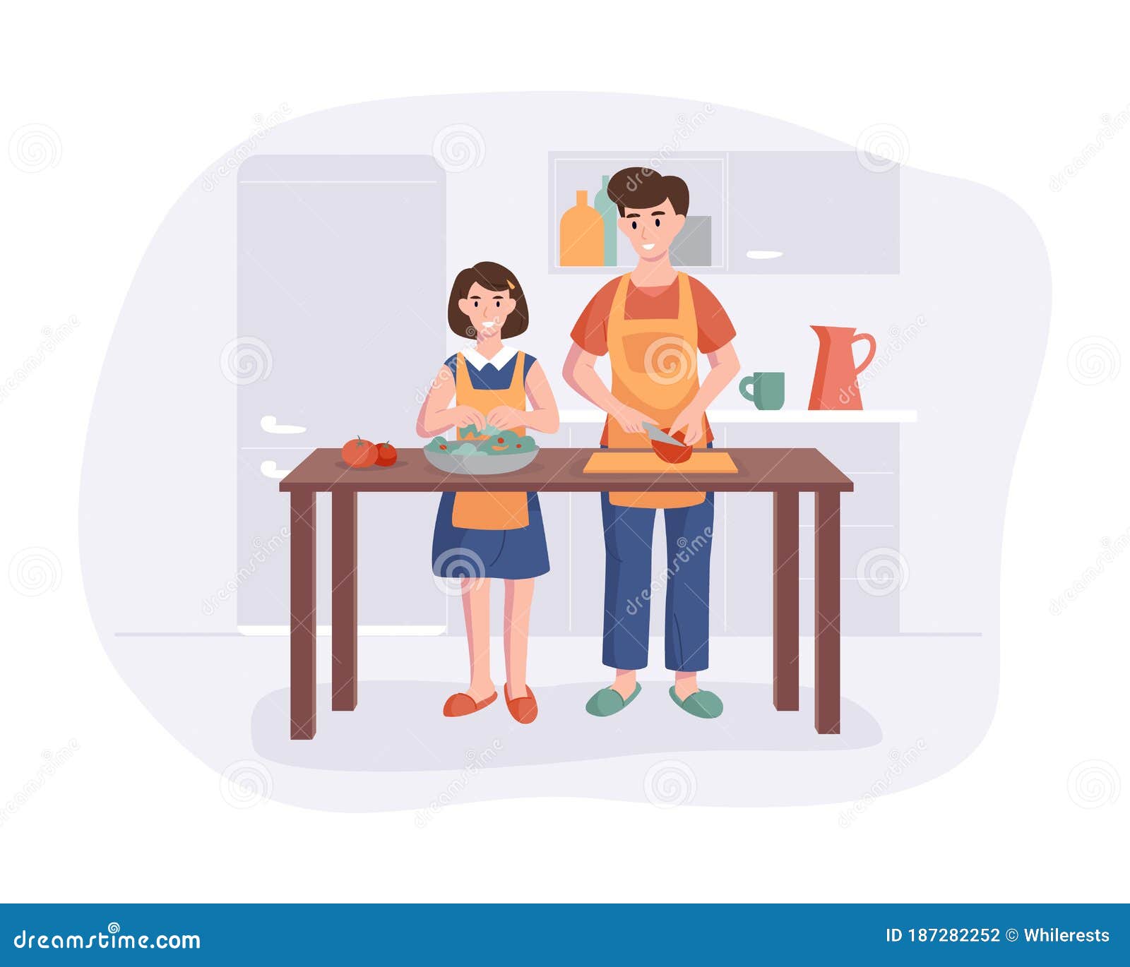 Father and Daughter Cooking Dinner at the Table in the Kitchen. Cartoon  Character Concept Preparing Meals at Home in Stock Vector - Illustration of  dinner, character: 187282252