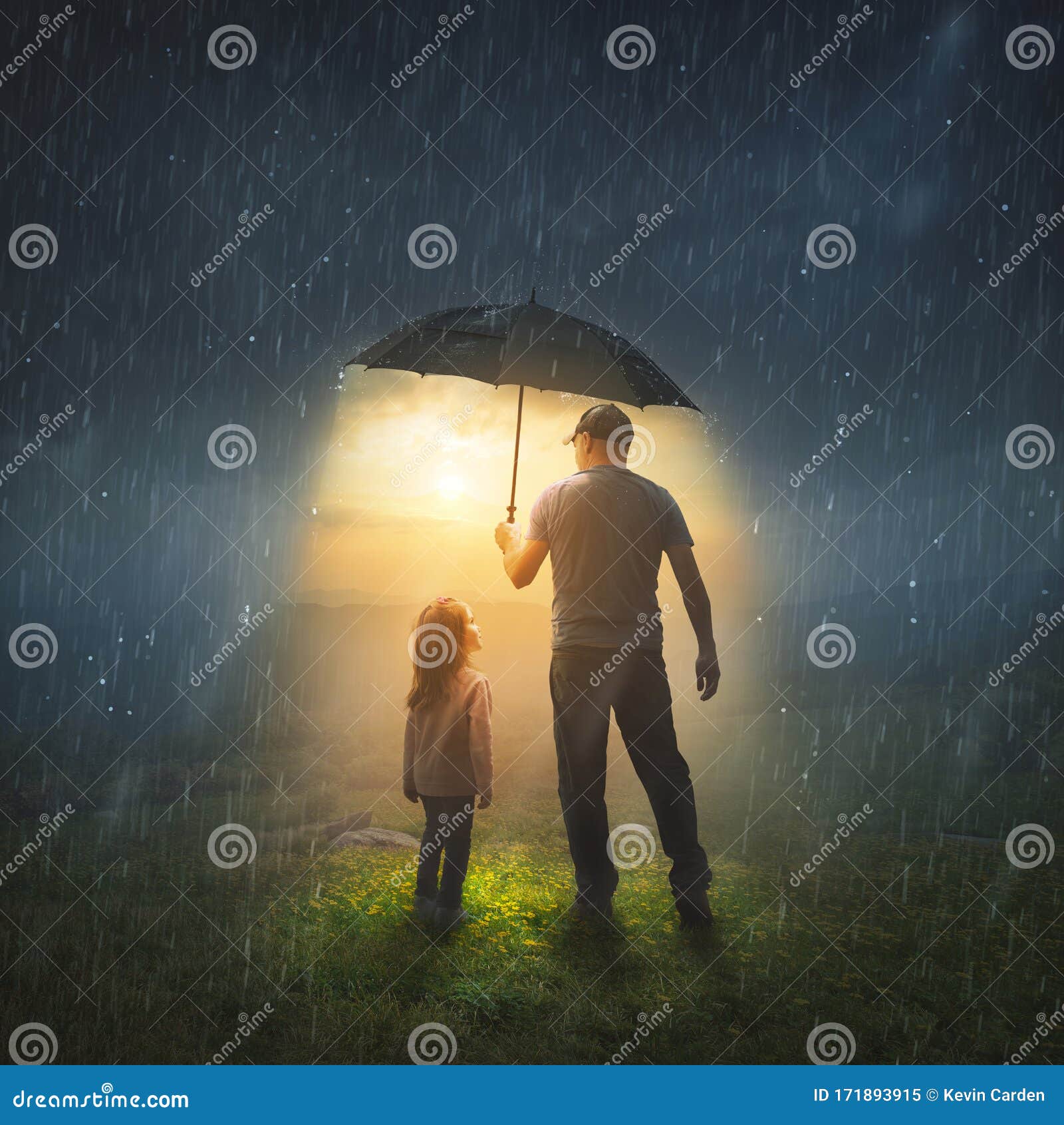 father and daughter in the rain