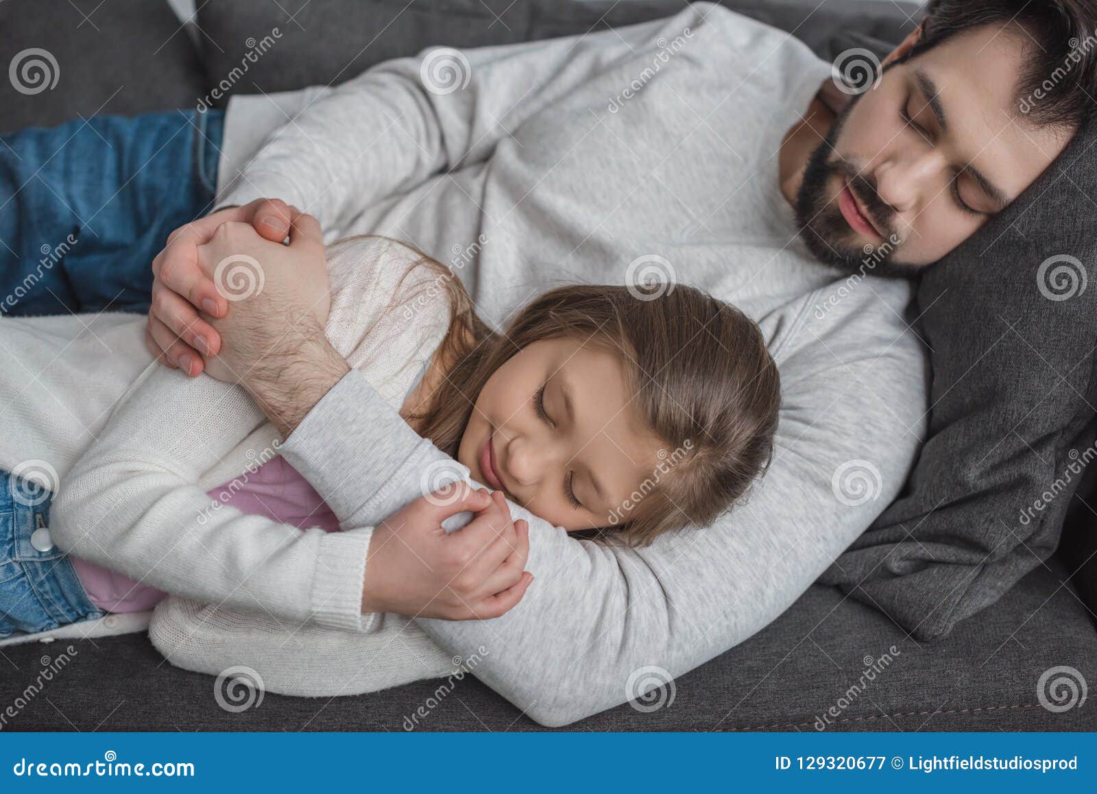 Father and Daughter Sleeping on Sofa Stock Image Image of male