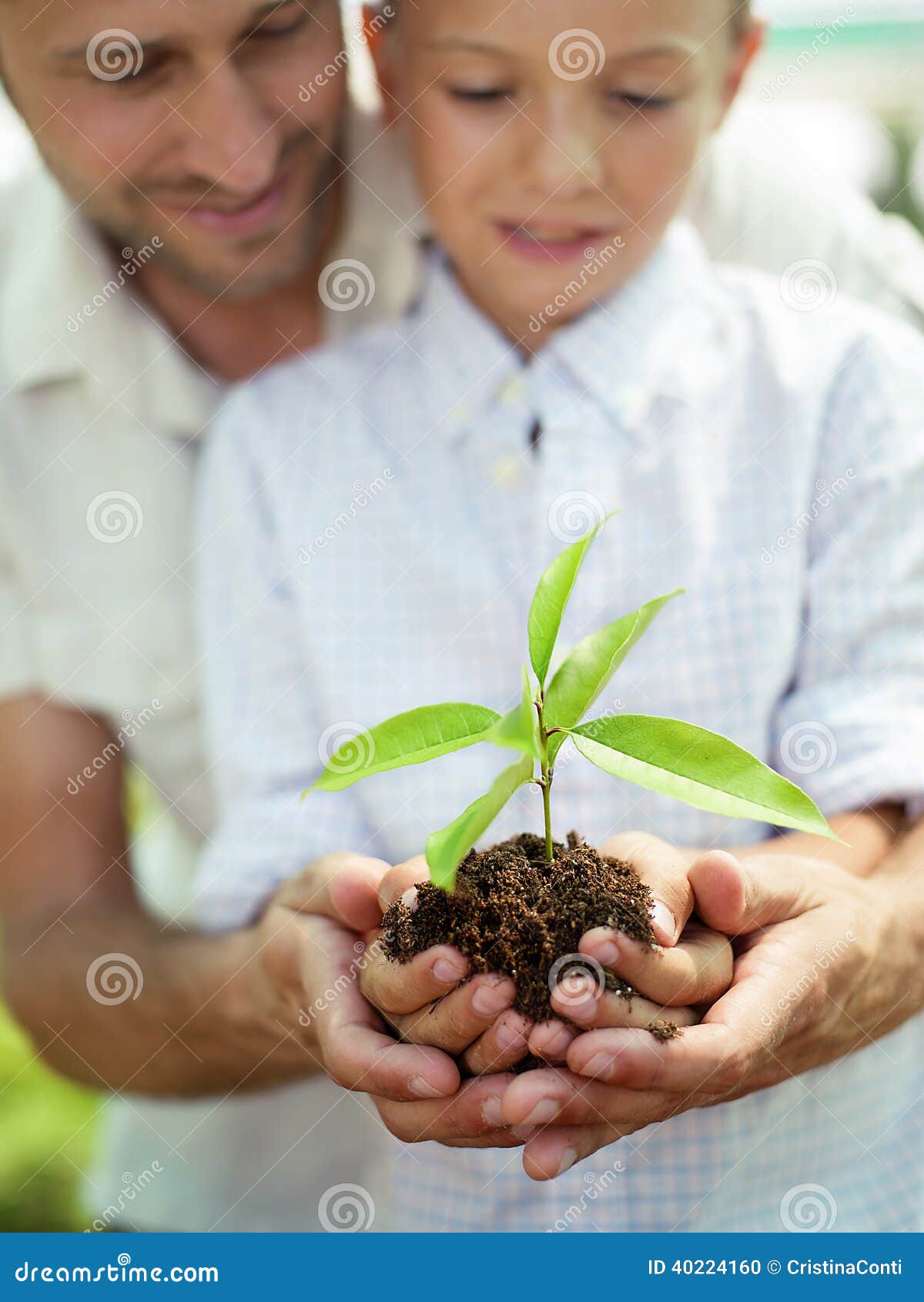 father educate son to care a plant