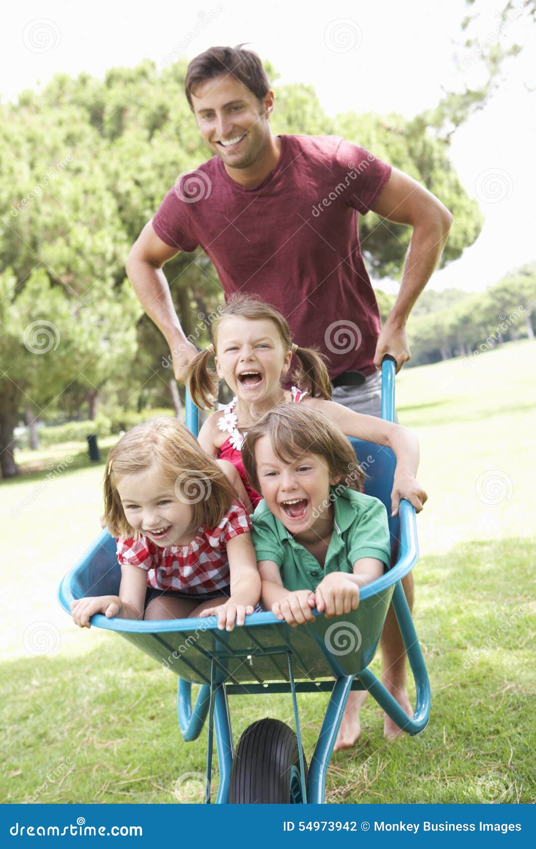 Father Giving Children Ride in Wheelbarrow Stock Photo Image of happy