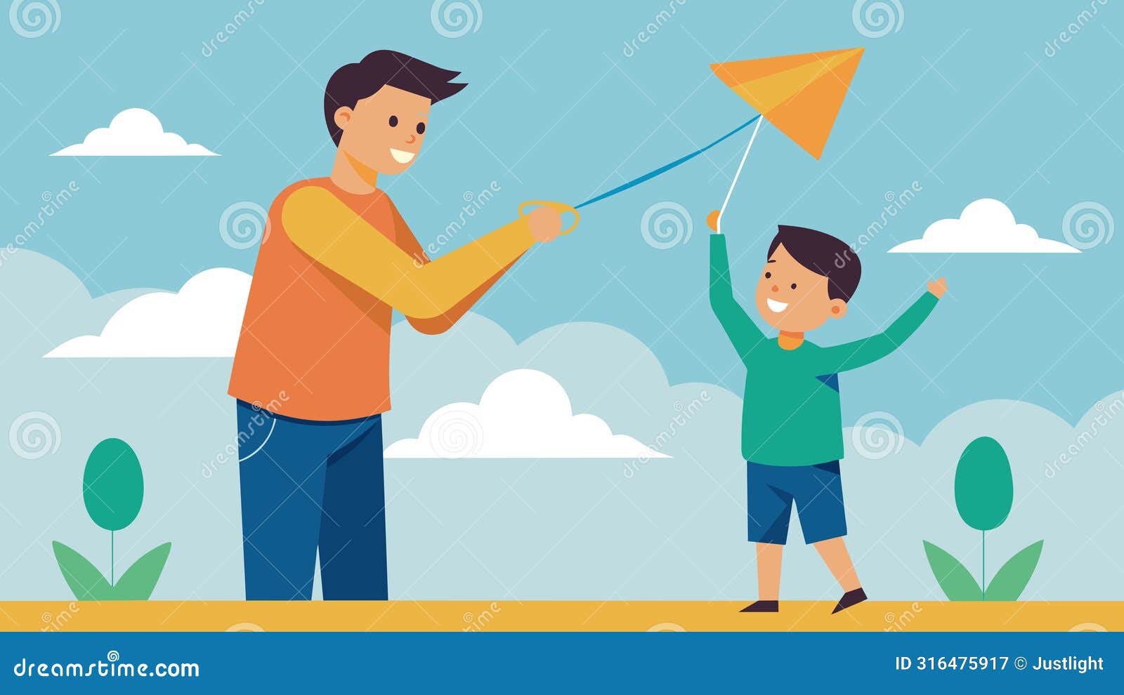 a father helping his son assemble his first kite explaining the significance of freedom behind the activity.. 