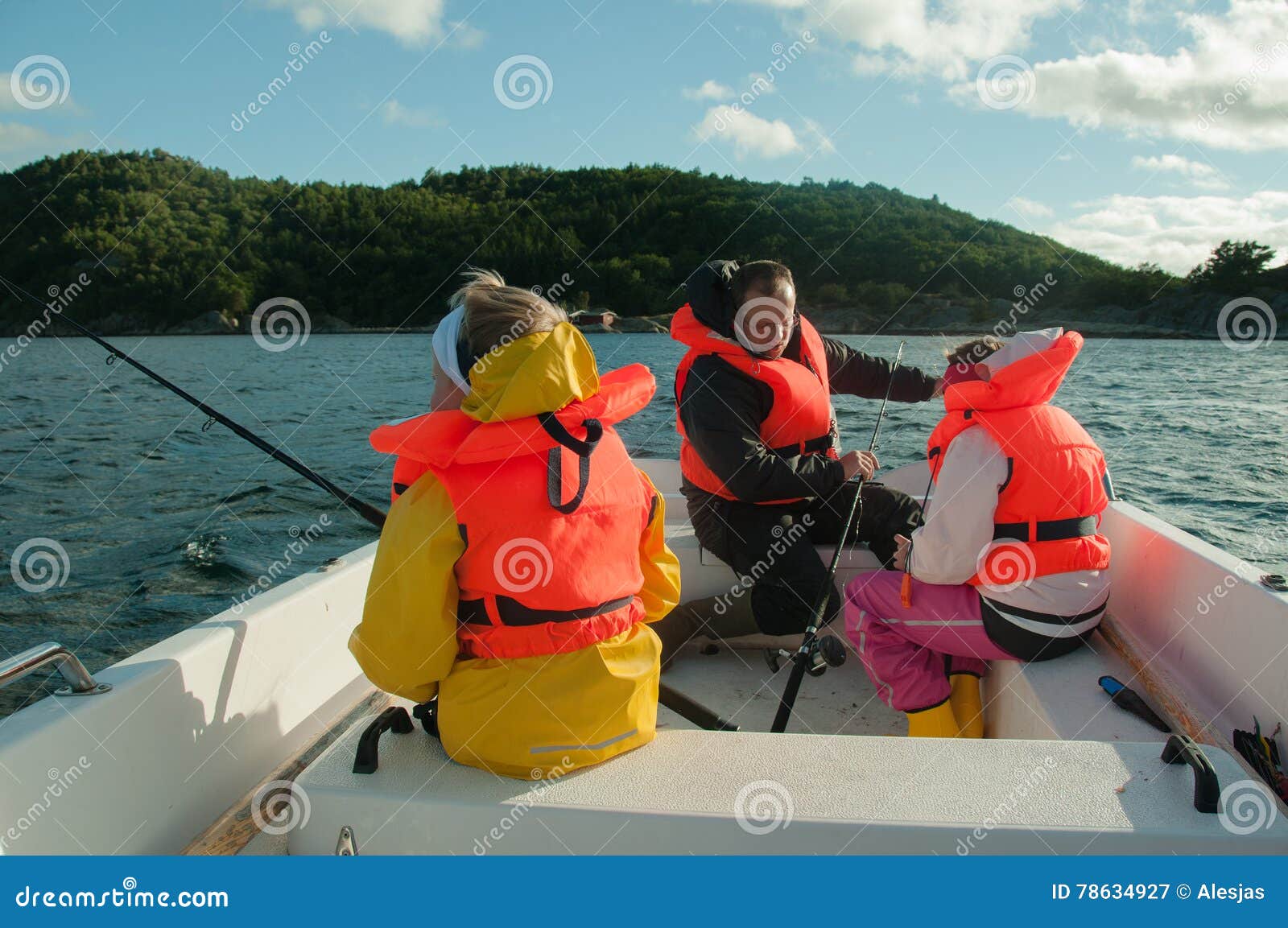Father and Kids Fishing in a Boat Stock Image - Image of jacket, orange:  78634927