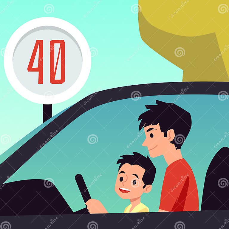 Father and Little Boy Driving a Car. Cartoon Man Teaching Son Drive ...
