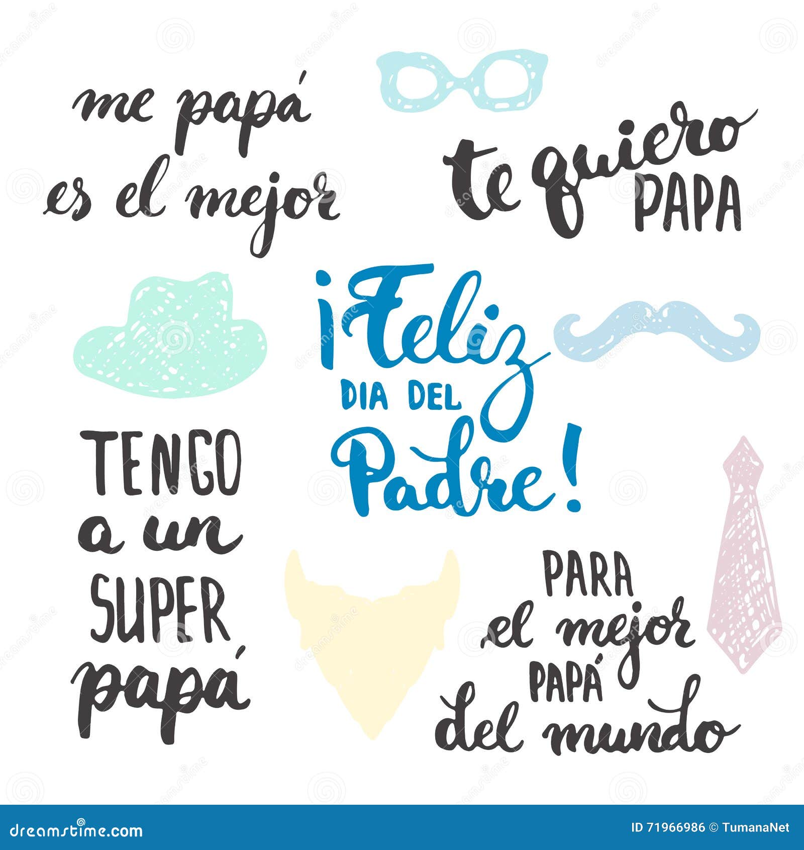 father's day lettering calligraphy phrases set in spanish feliz dia del padre, tengo a un super, papa, te quiero, papa