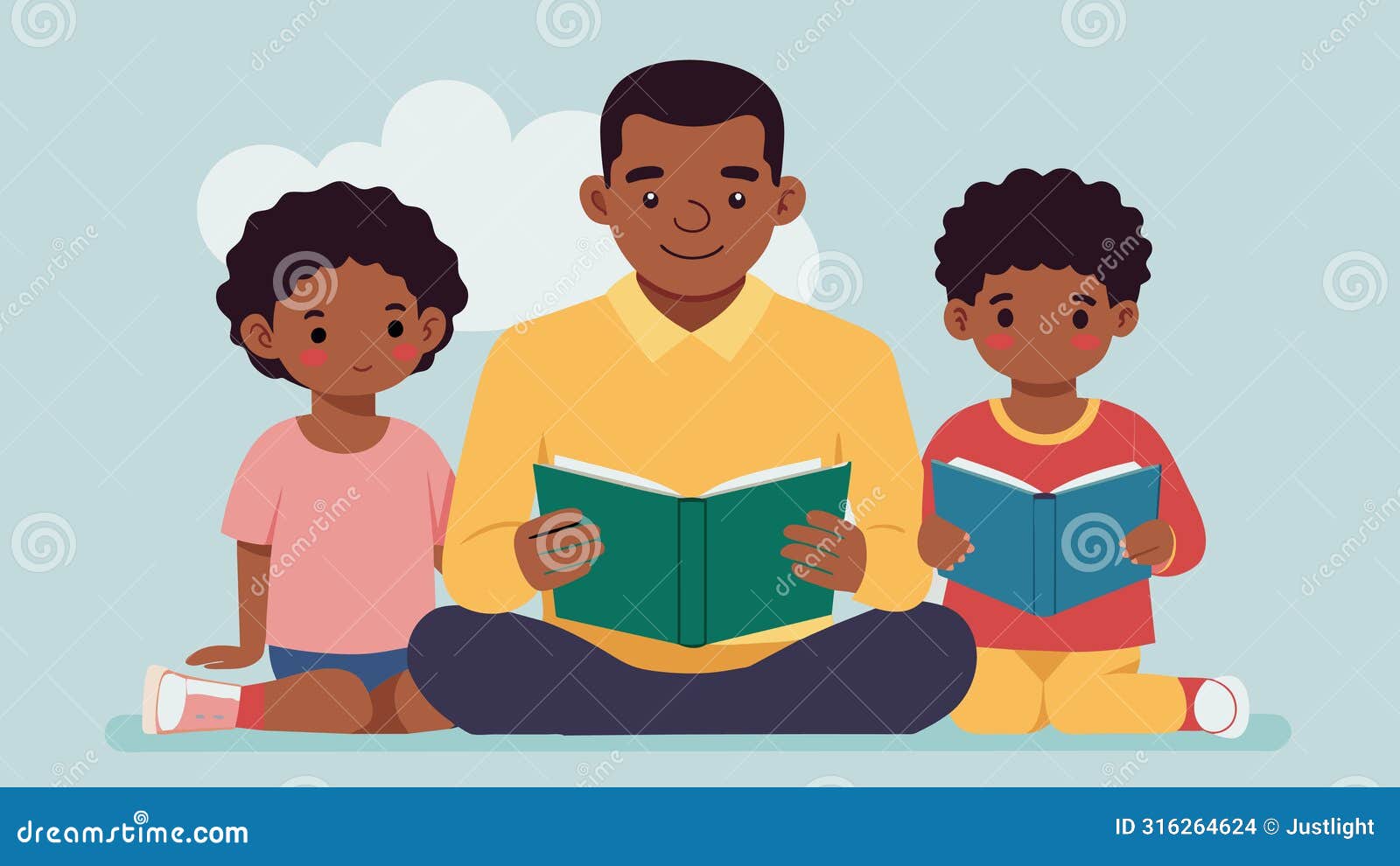 a father sits with his children a sense of determination on his face as he reads aloud stories of resilience and