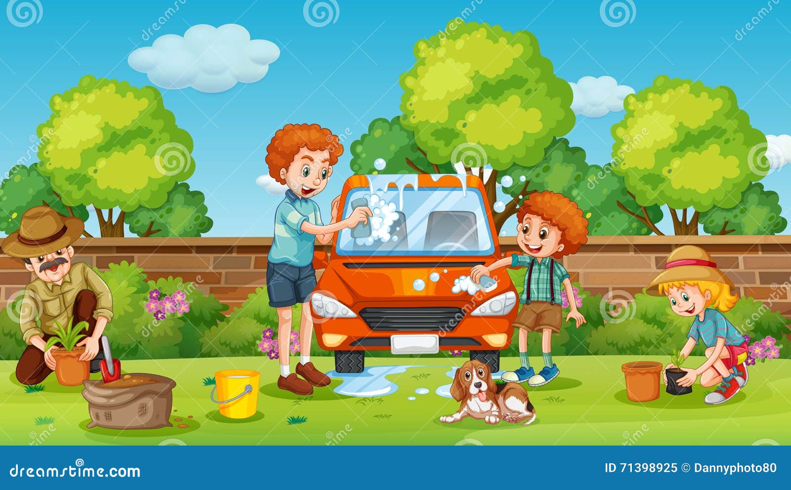 Father and Son Cleaning Car in the Yard Stock Illustration Illustration of child, planting