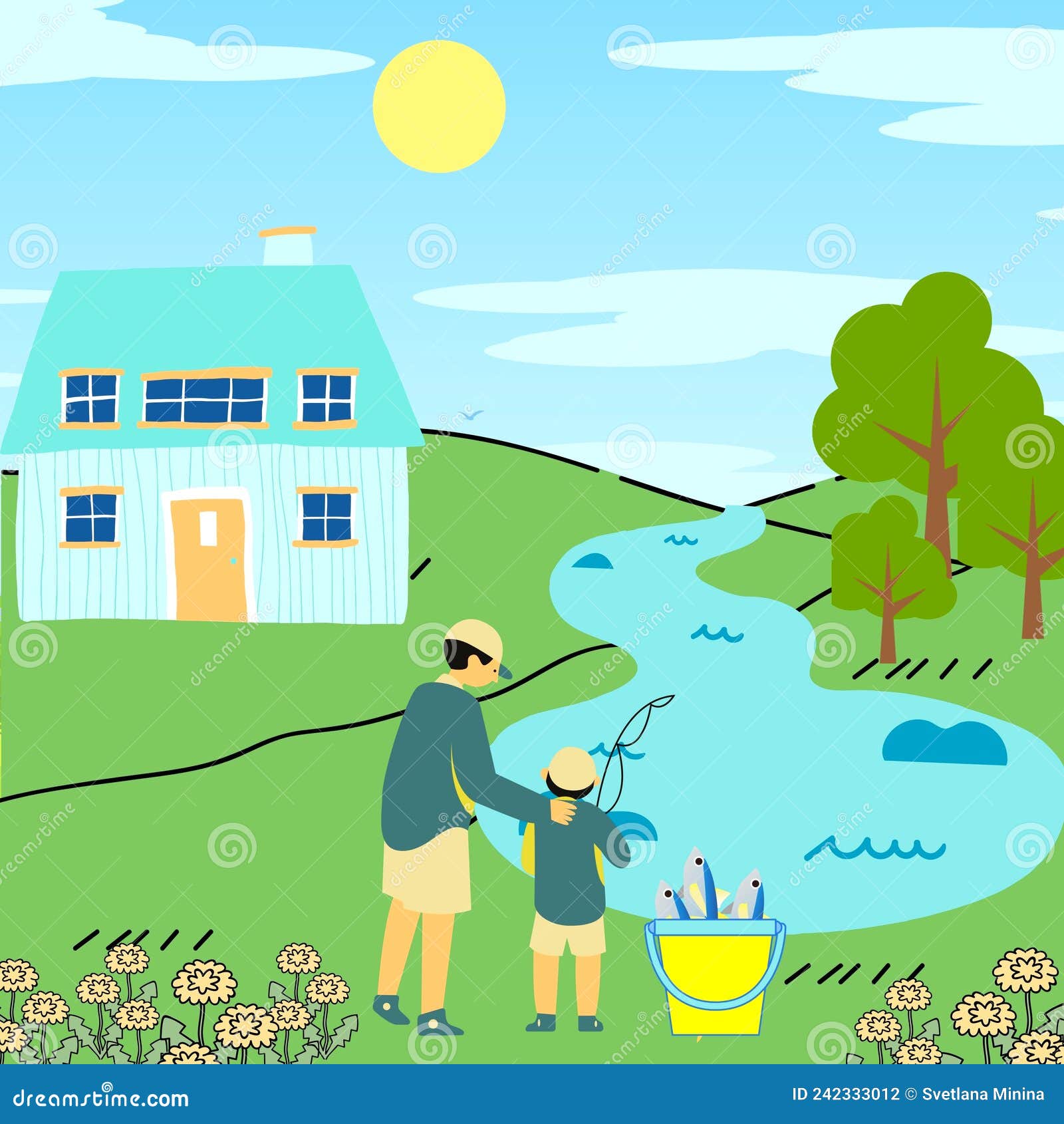 Father and son fishing stock illustration. Illustration of cartoon