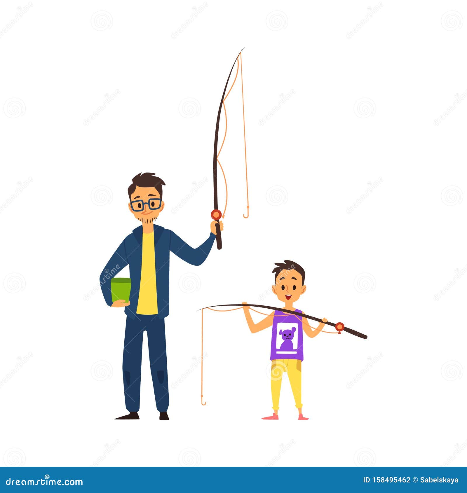 Father and Son Going Fishing - Cartoon Man and Boy Holding Fishing Rod and  Bucket. Stock Vector - Illustration of bonding, hobby: 158495462