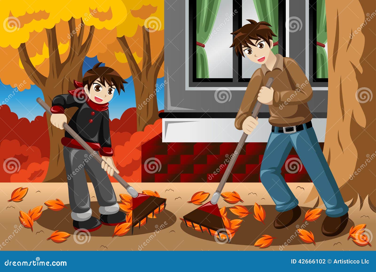 Father Son Raking Leaves During Fall Season Stock Vector - Image: 42666102