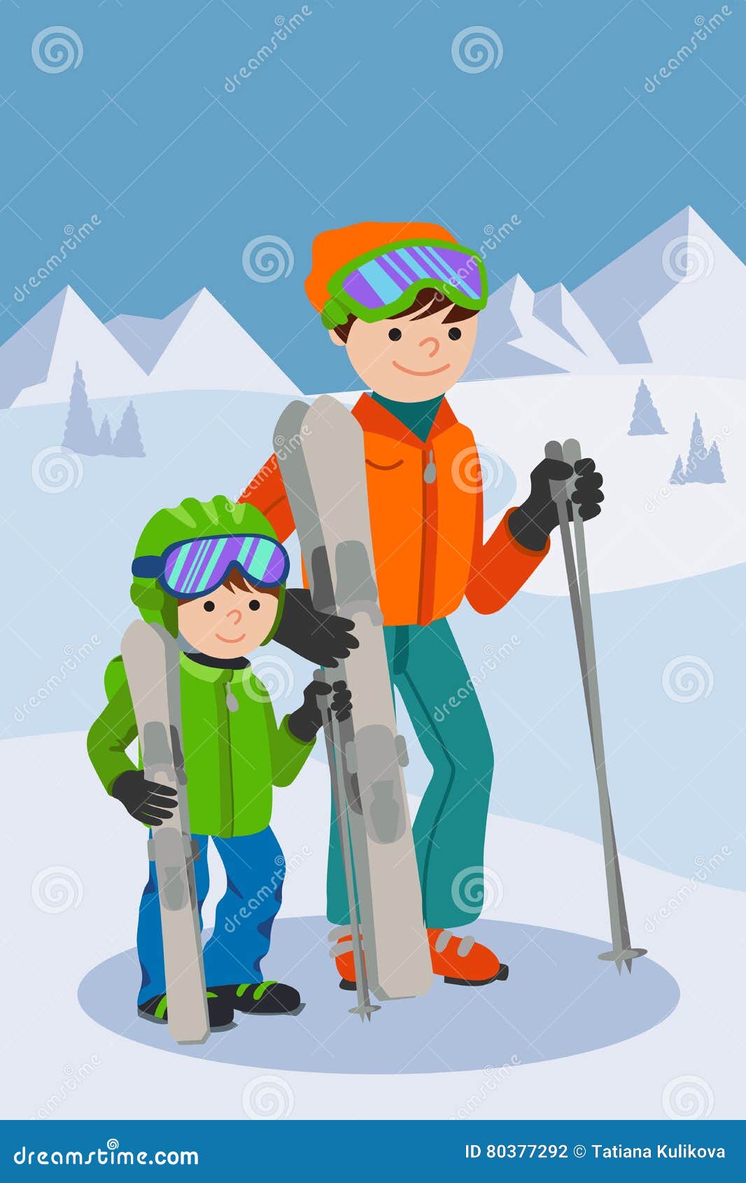 Father and Son Skiing in Snow Mountain. Family Winter Sport Vector ...