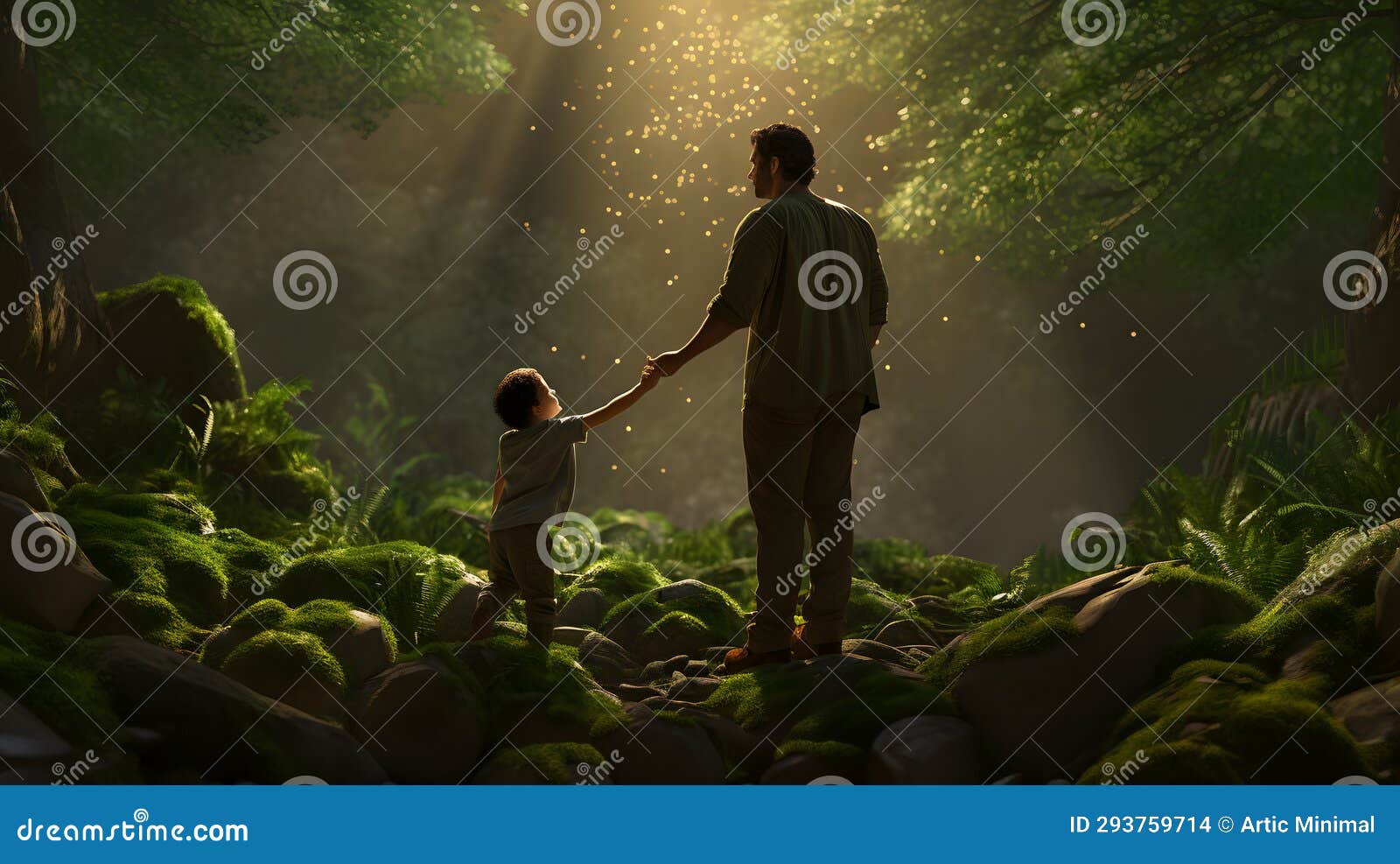 father and son spending time in a magical forest