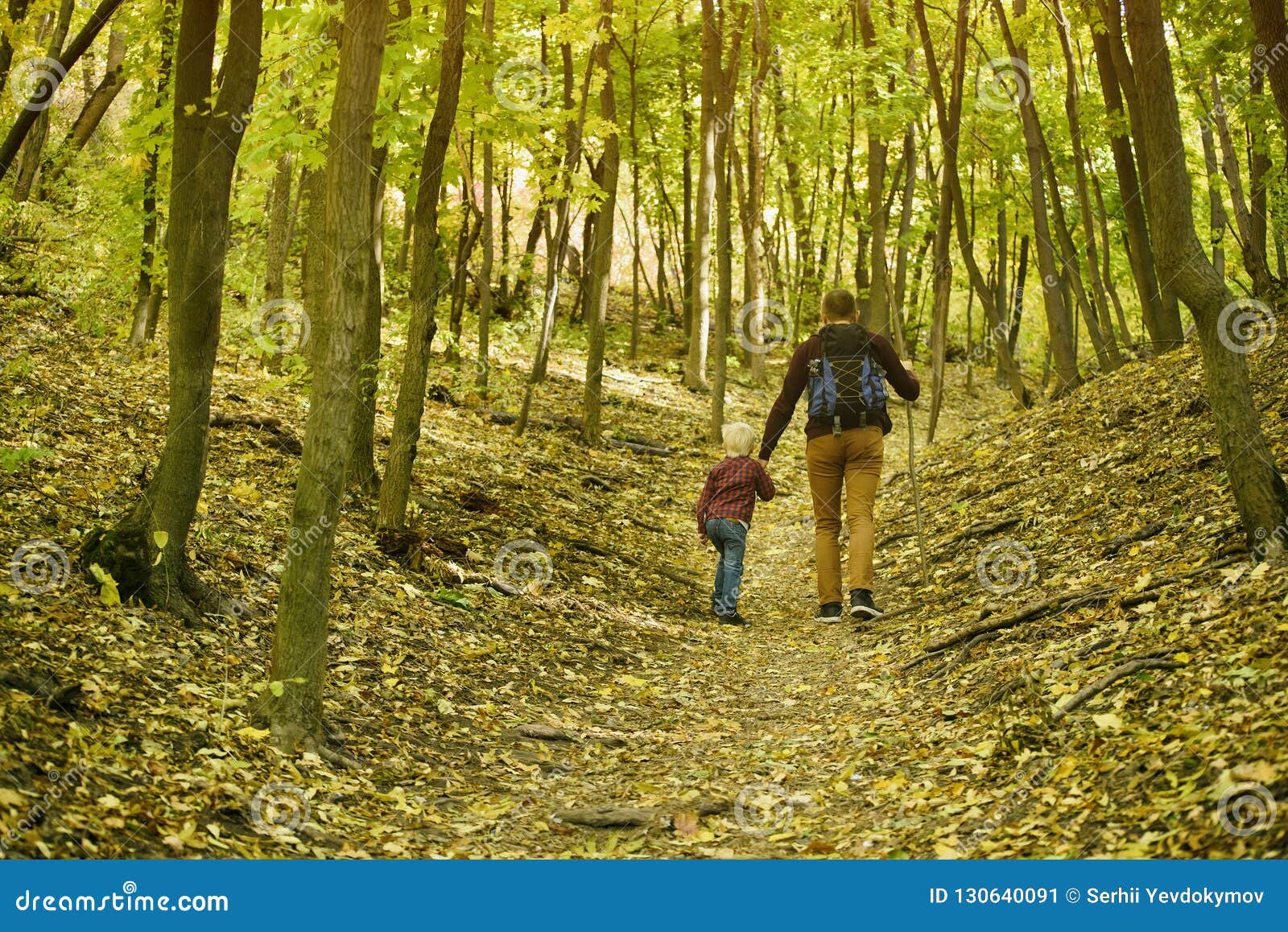 Father and son hiking in forest. Looking at map Stock Photo - Alamy