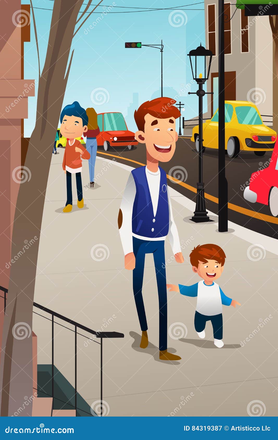 Download Father And Son Walking On The Street Stock Vector - Illustration of leisure, vector: 84319387