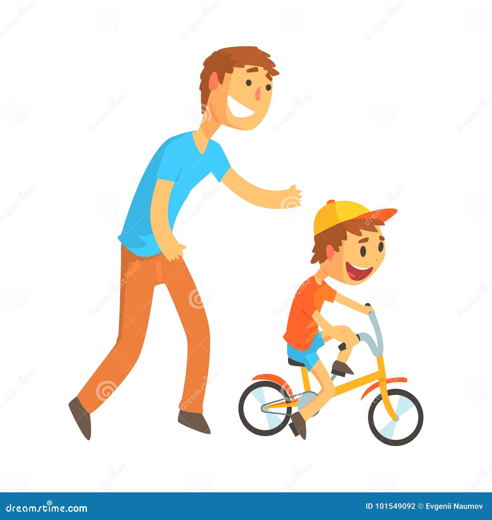 father teaching his son to ride a bicycle