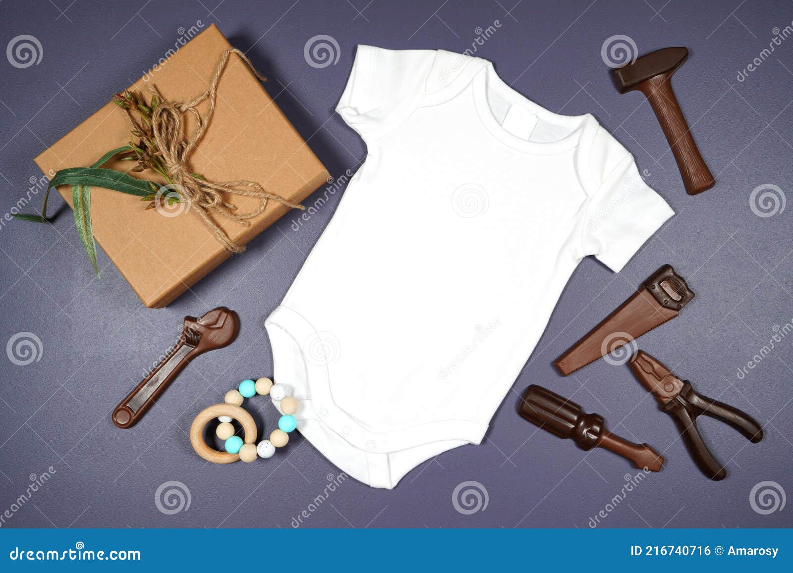 father's day or masculine birthday theme baby romper onesie flatlay mockup.