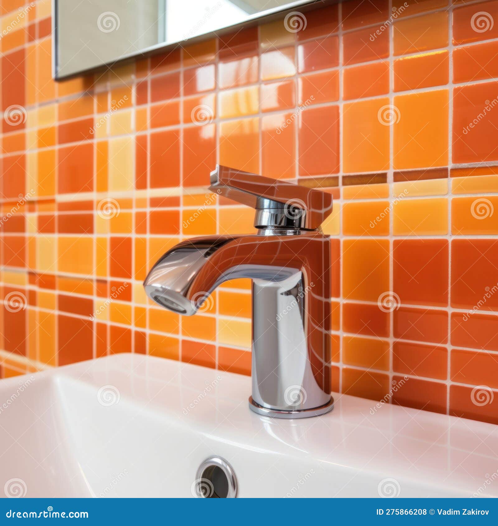 Faucet in modern bathroom with orange tiles. Generative AI