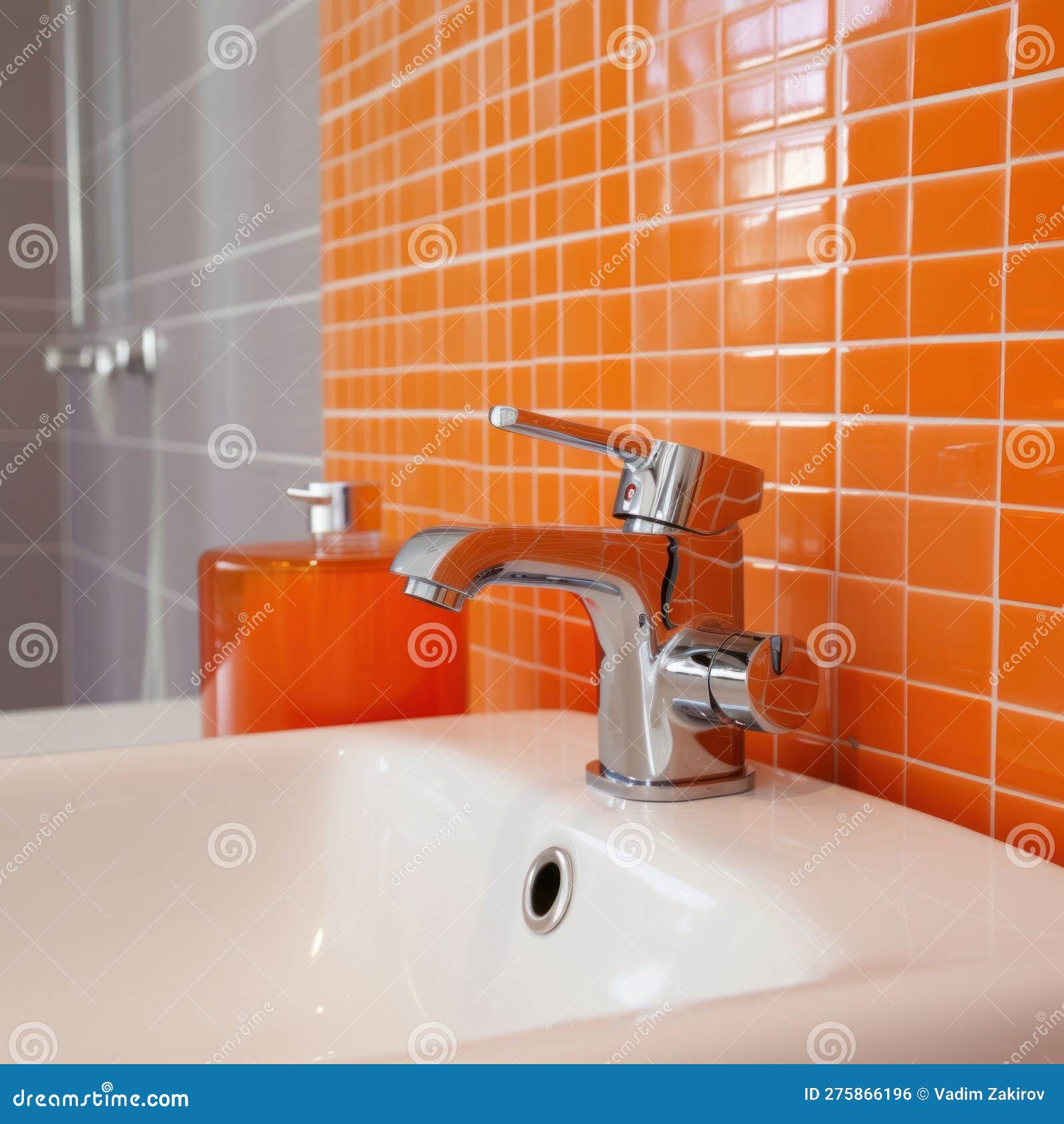 Faucet and Sink in Modern Bathroom with Orange Tiles Stock Illustration