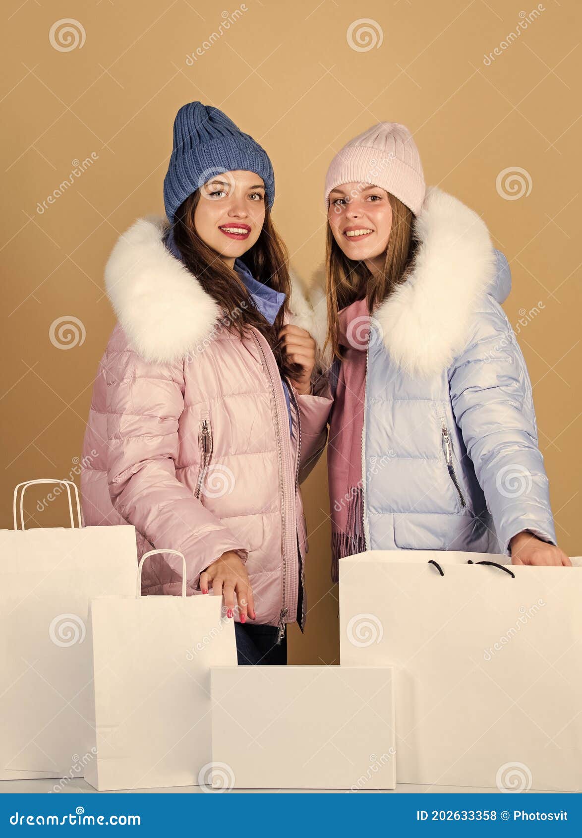 Faux Fur. Girls Wear Warm Jackets. Shopping Concept