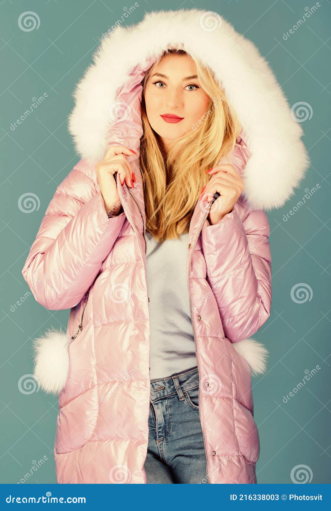 Faux Fur is More Than Just Trend. Down Jacket with Furry Hood. Girl ...