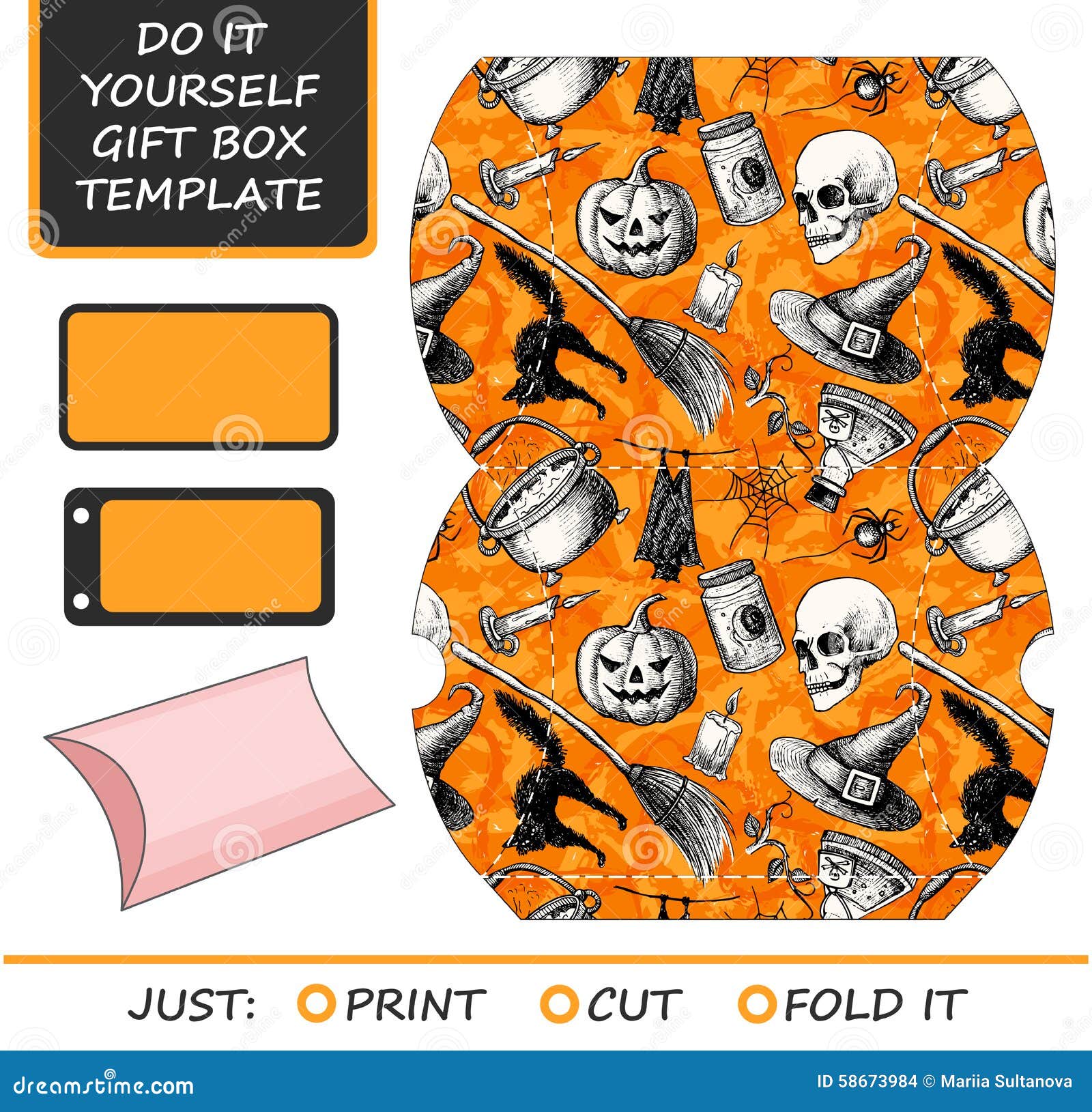Favor, Gift Box Die Cut. Box Template with Halloween Pattern Stock