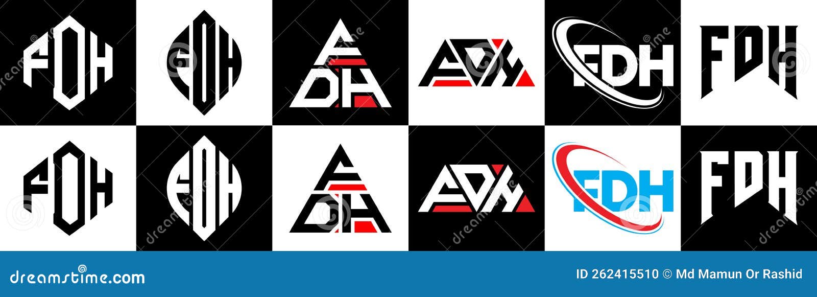 fdh letter logo  in six style. fdh polygon, circle, triangle, hexagon, flat and simple style with black and white color