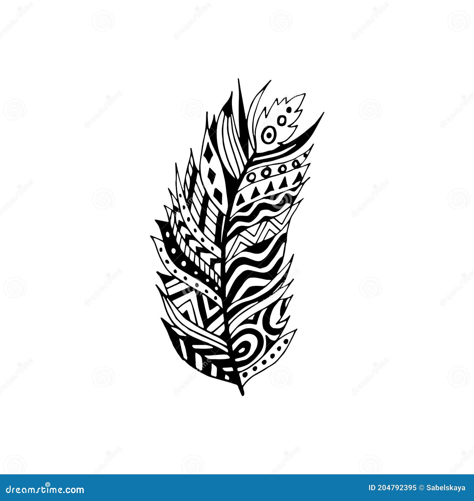Feather Drawing with Tribal Ornaments Isolated on White Background ...
