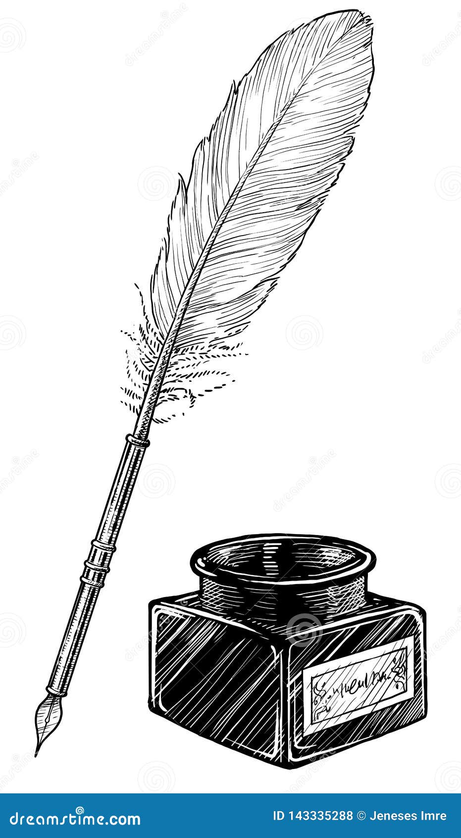 feather pen ink bottle illustration drawing engraving line art vector what made pencil paper then was digitalized 143335288