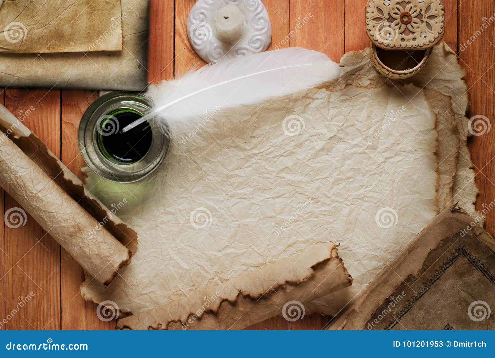 Parchment Paper And Brown Feather Quill Stock Photo - Download