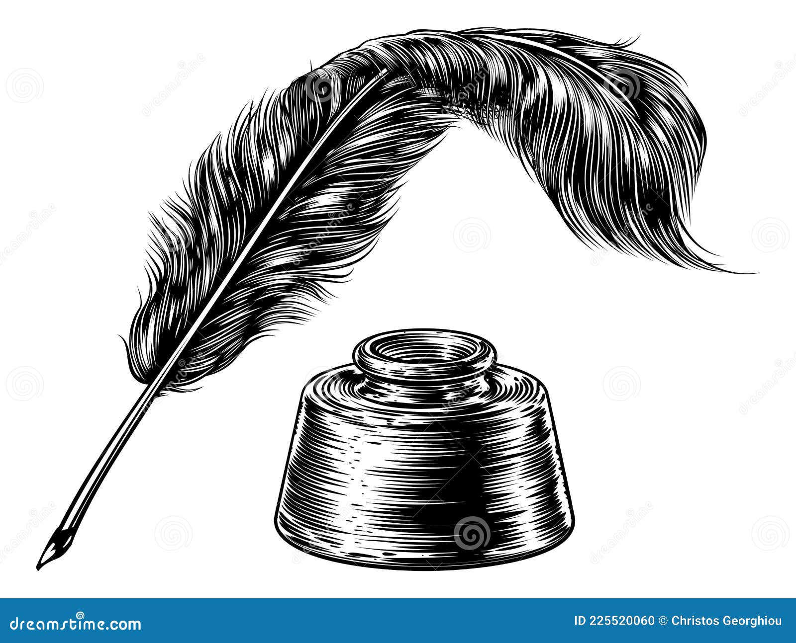 Feather Quill Pen and Inkwell Stock Vector - Illustration of engraved,  tattoo: 225520060