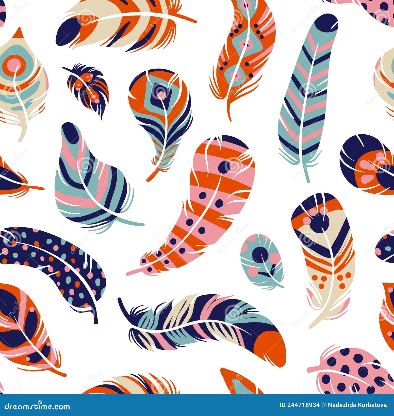 Feather Seamless Pattern. Boho Style Objects. Tribal Multicolored Items