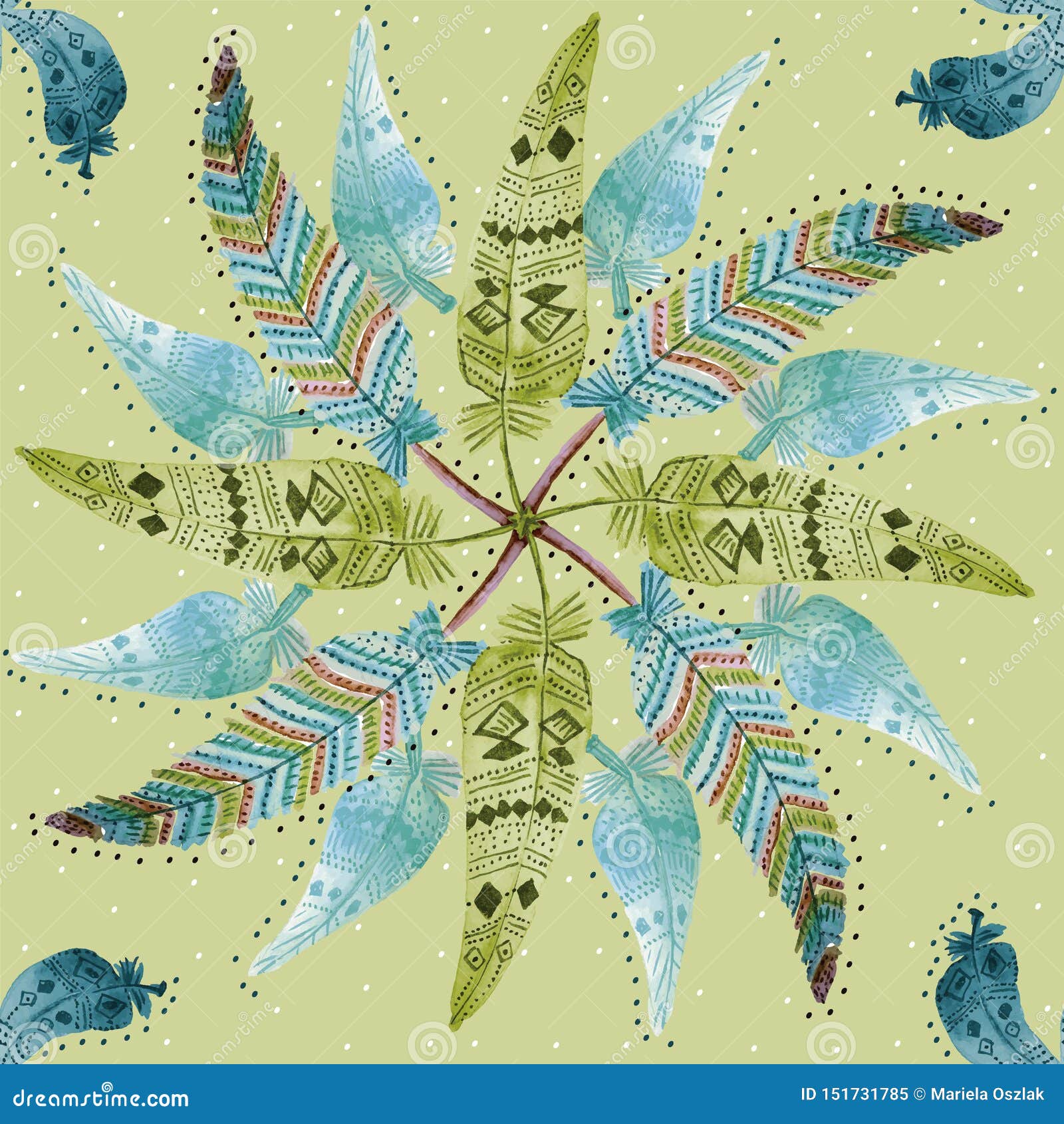 003-FEATHERS C05 PAT-05. TRIBAL SEAMLESS REPEAT PATTERN TILE , ETHNIC, SHOWING COLORFUL FEATHERS ILLUSTRATED IN WATERCOLOURS