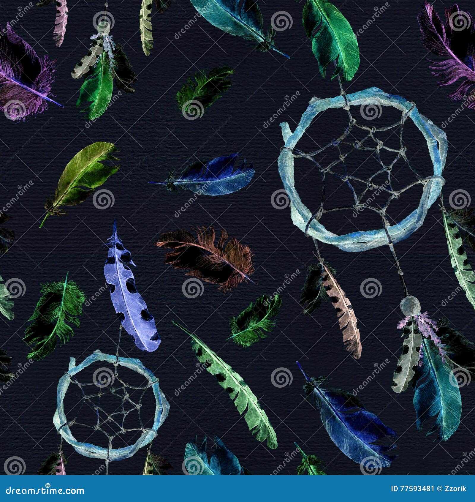 Feathers, Dream Catcher, Black Background. Repeating Pattern
