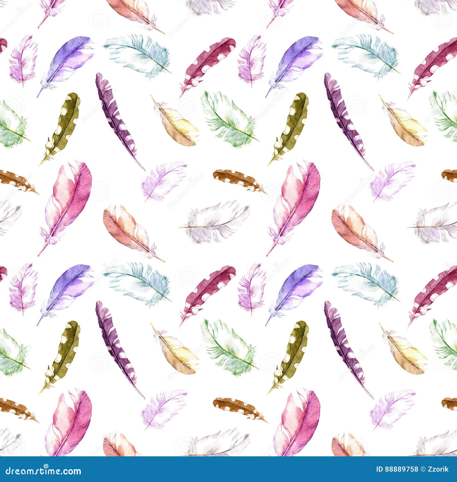 Feathers Pattern. Watercolor Seamless Background. Stock Illustration ...