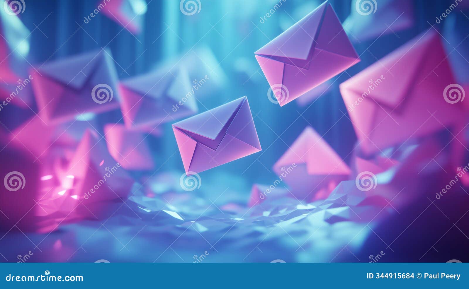 floating neon email icons in a cyber world