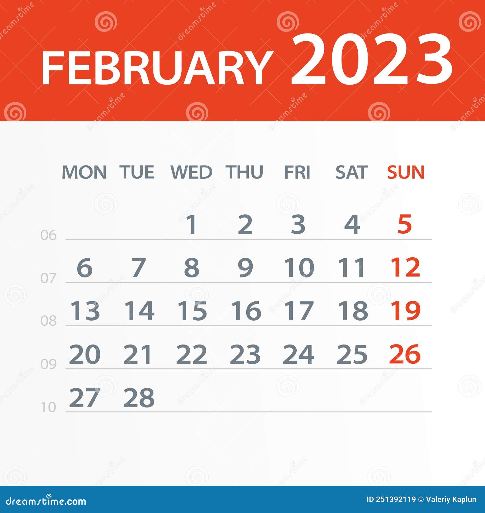 February 2023 Calendar Leaf Vector Illustration. Week Starts on