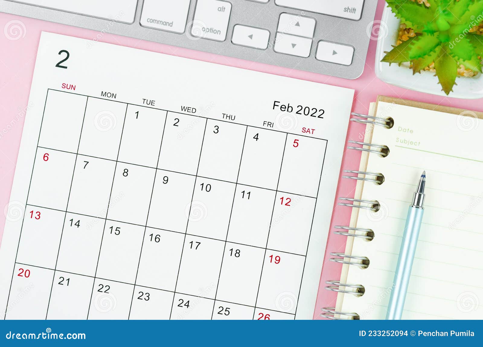 February 2022 Calendar Sheet With Keyboard Computer Stock Photo - Image Of Date, Pink: 233252094