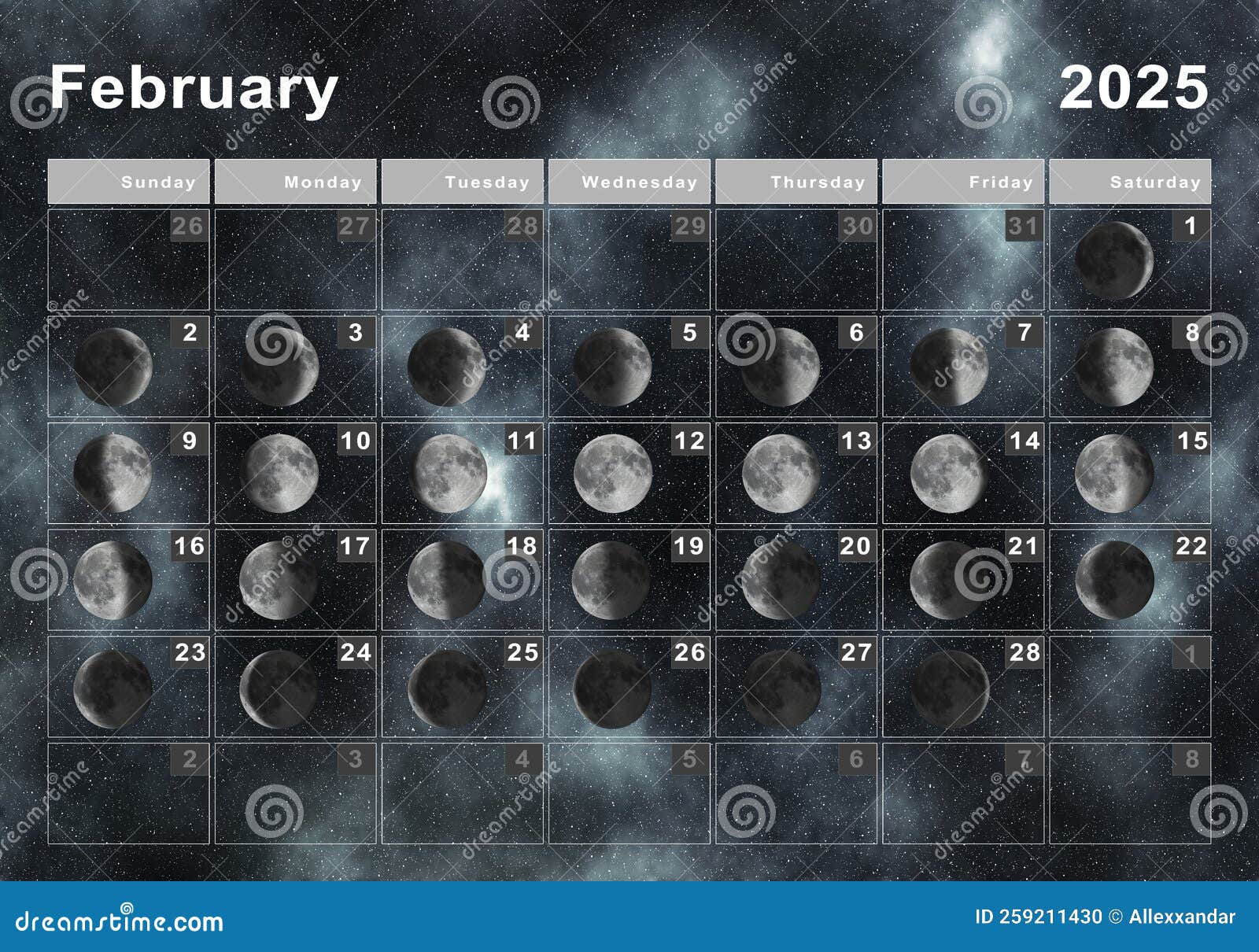 February 2025 Lunar Calendar, Moon Cycles Stock Illustration ...