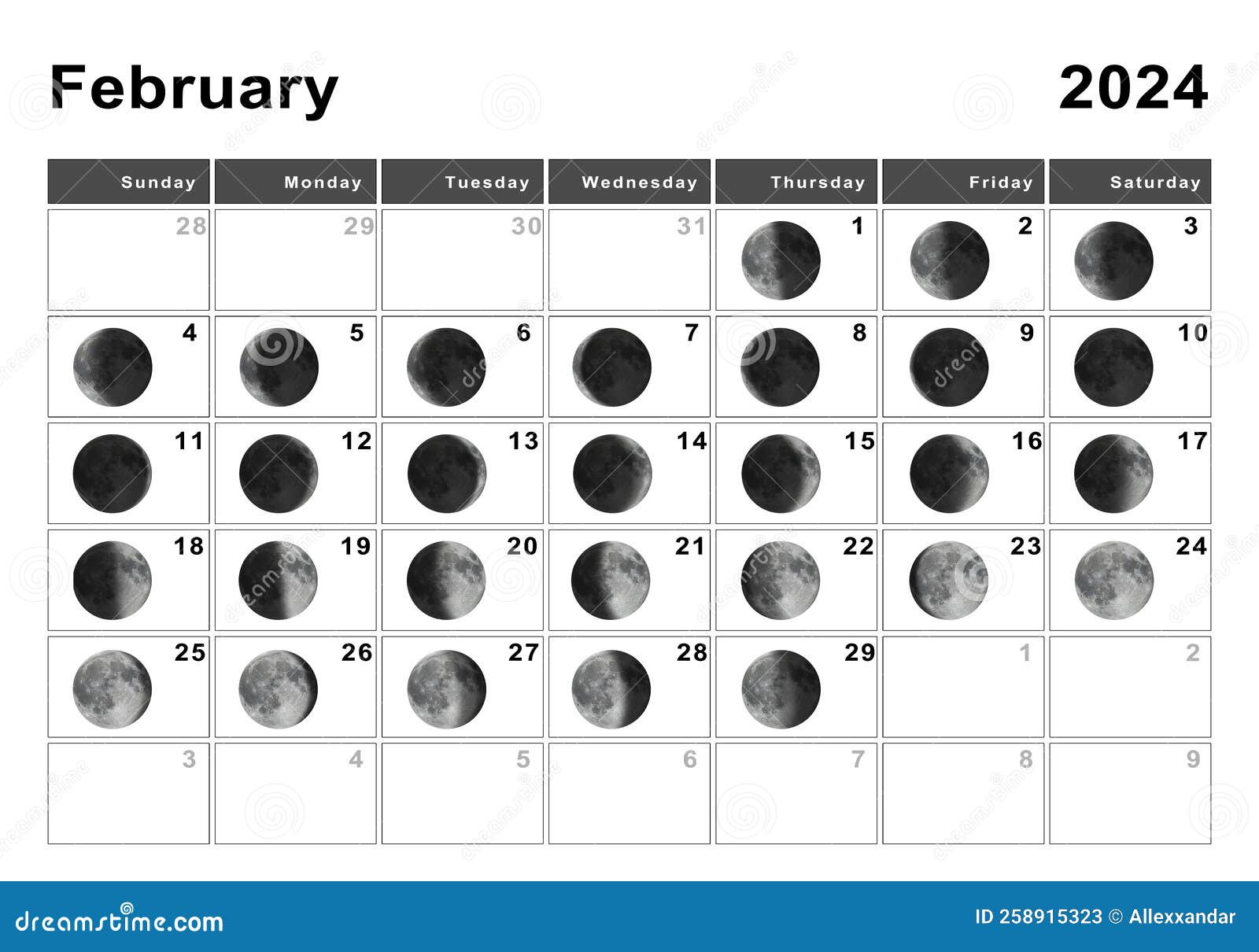 February 2024 Lunar Calendar, Moon Cycles Stock Illustration