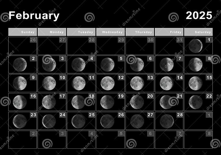 February 2025 Lunar Calendar, Moon Cycles Stock Illustration