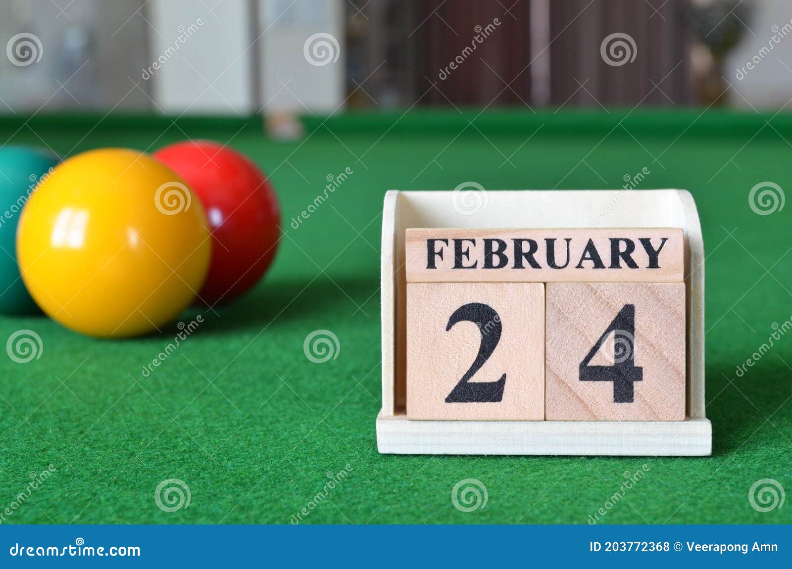 February 24, Number Cube with Balls on Snooker Table, Sport Background