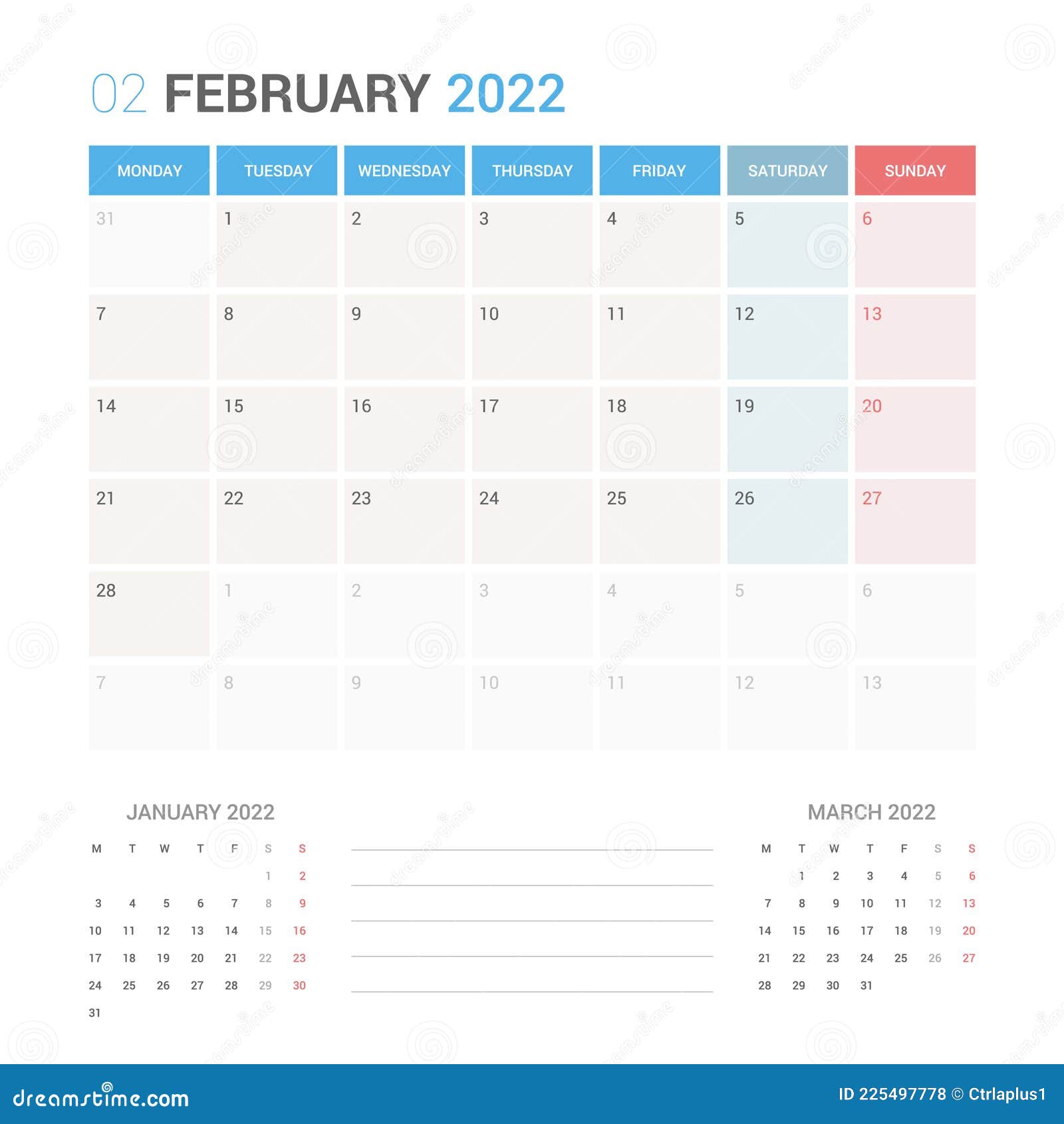 february 2022 planner calendar week starts on monday.