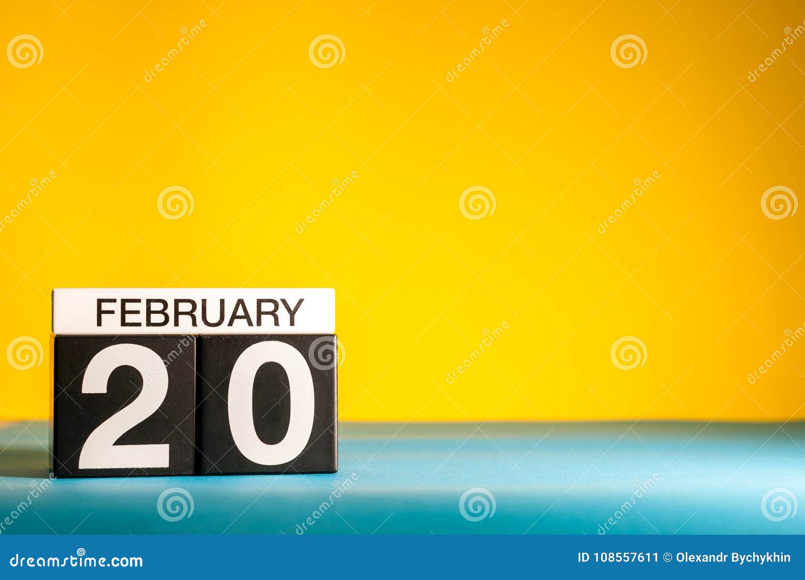 February 20th. Day 20 of February Month, Calendar on Yellow Background