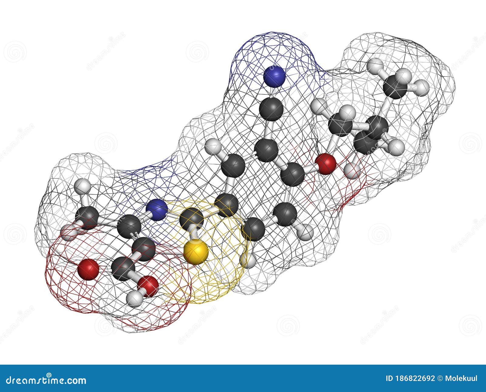 febuxostat gout drug molecule (xanthine oxidase inhibitor). 3d rendering. atoms are represented as spheres with conventional color