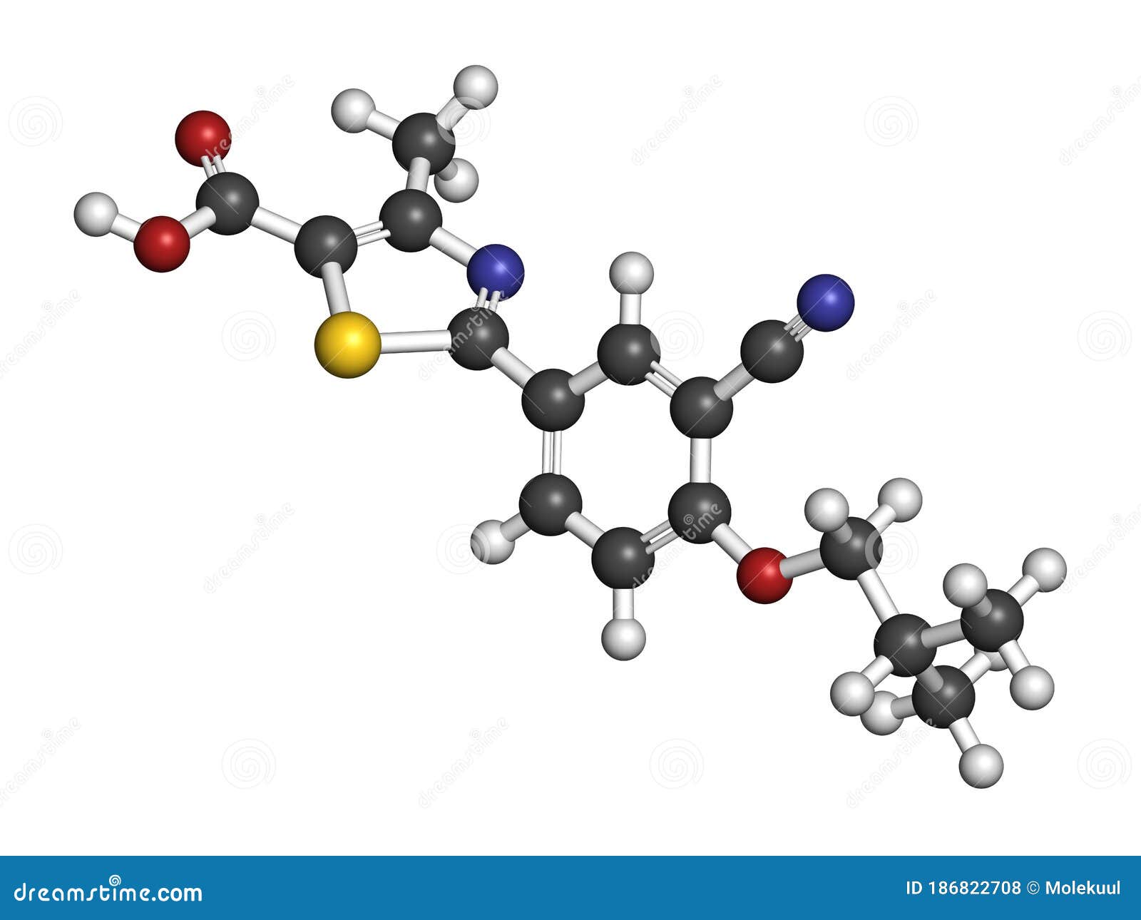 febuxostat gout drug molecule (xanthine oxidase inhibitor). 3d rendering. atoms are represented as spheres with conventional color