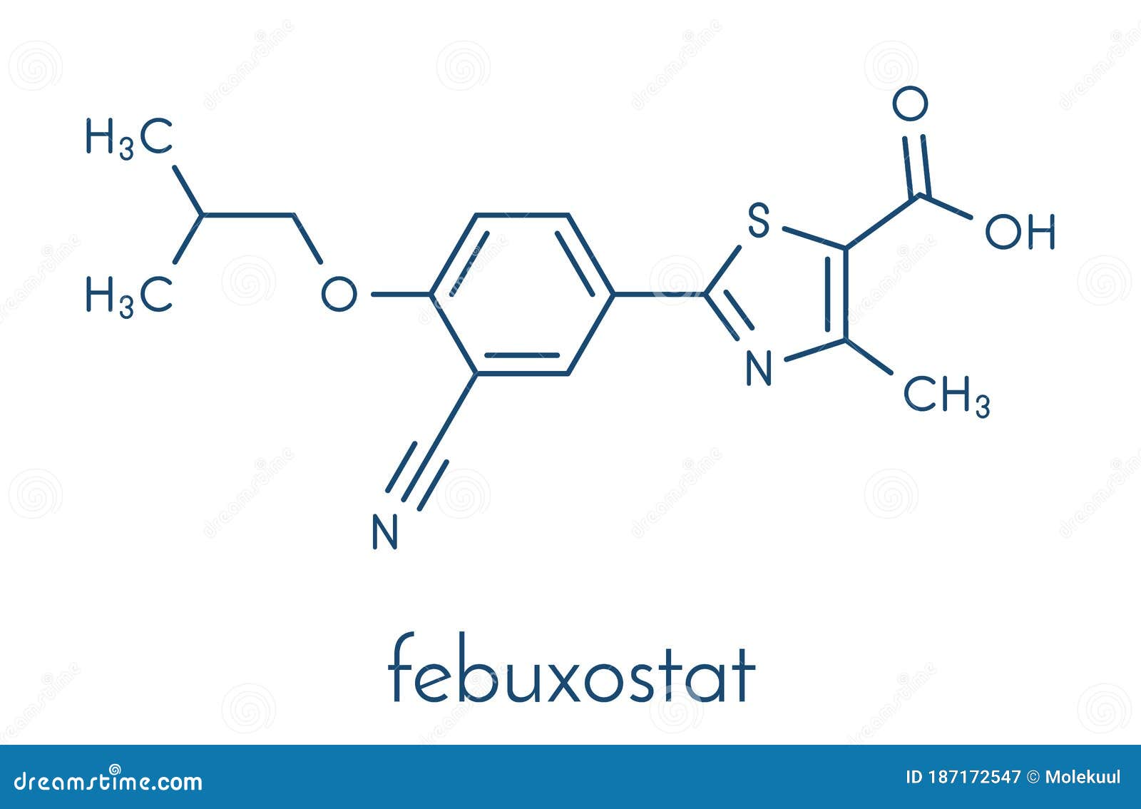 febuxostat gout drug molecule xanthine oxidase inhibitor. skeletal formula.