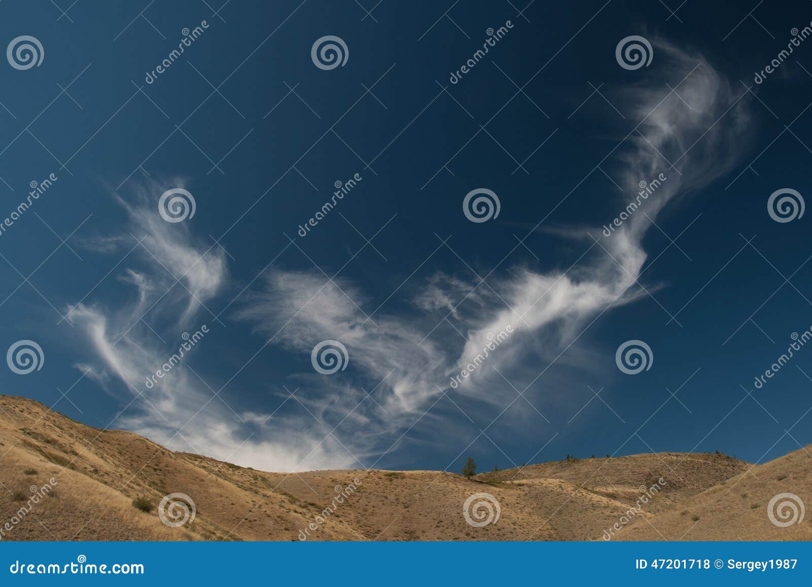 Federn von Wolken. Blauer klarer Himmel und einfache weiße Wolke über der trockenen gelben Steppe