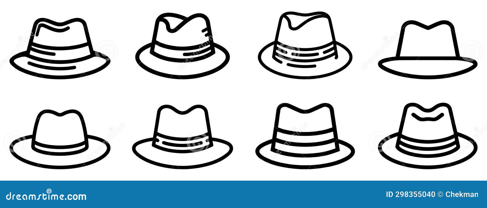 fedora hat icon. collection of line art drawings of various fedora hats.